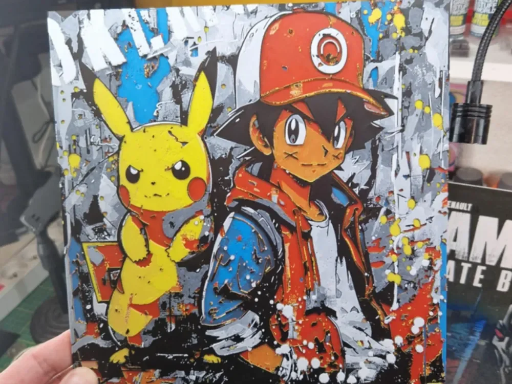 Pokemon Hueforge - Pikachu & Sacha Street Art by Dakiren HueForge model: Pokemon Hueforge - Pikachu & Sacha Street Art by Dakiren
