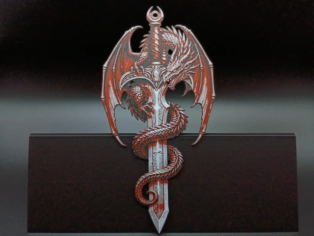 Dragon x Sword Crimson Red Bookmark by 3djd HueForge model: Dragon x Sword Crimson Red Bookmark by 3djd