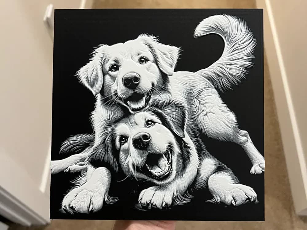 Two Dogs Playing Art Hueforge by RP47 Designs HueForge model: Two Dogs Playing Art Hueforge by RP47 Designs