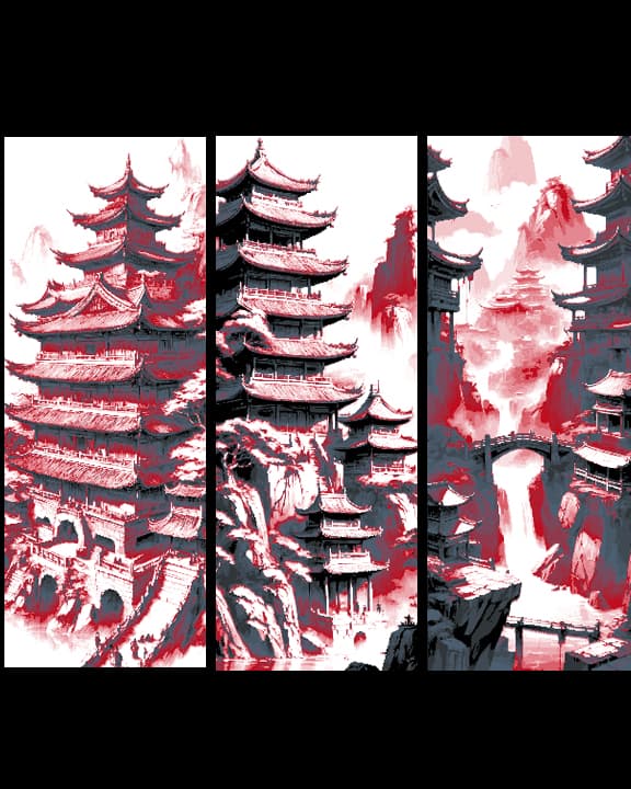 Fantasy view of Asian Mountain Temples in Red and Greys - Set of 3 Bookmarks Fantasy view of Asian Mountain Temples in Red and Greys - Set of 3 Bookmarks