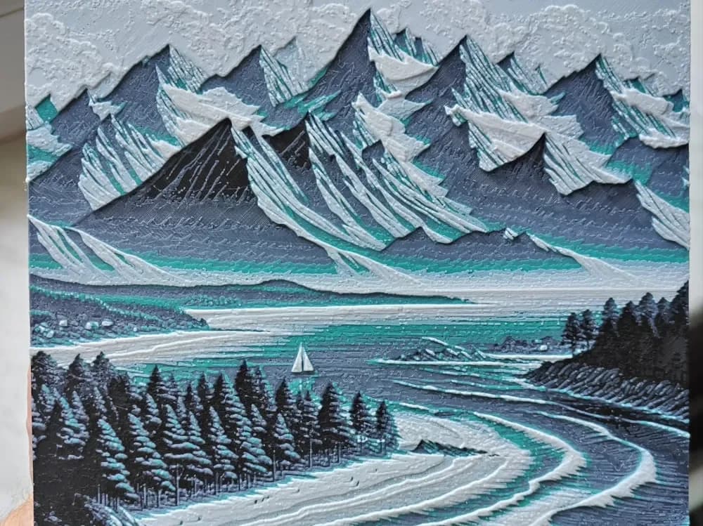 Mountains with sea 1 - Hueforge by BeaN HueForge model: Mountains with sea 1 - Hueforge by BeaN