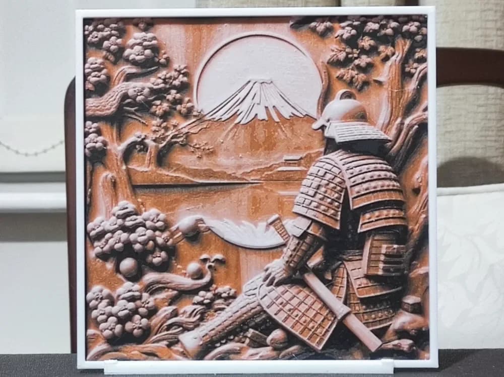 Wood Carving Samurai At Fuji - HueForge 3 Color by BoDad HueForge model: Wood Carving Samurai At Fuji - HueForge 3 Color by BoDad