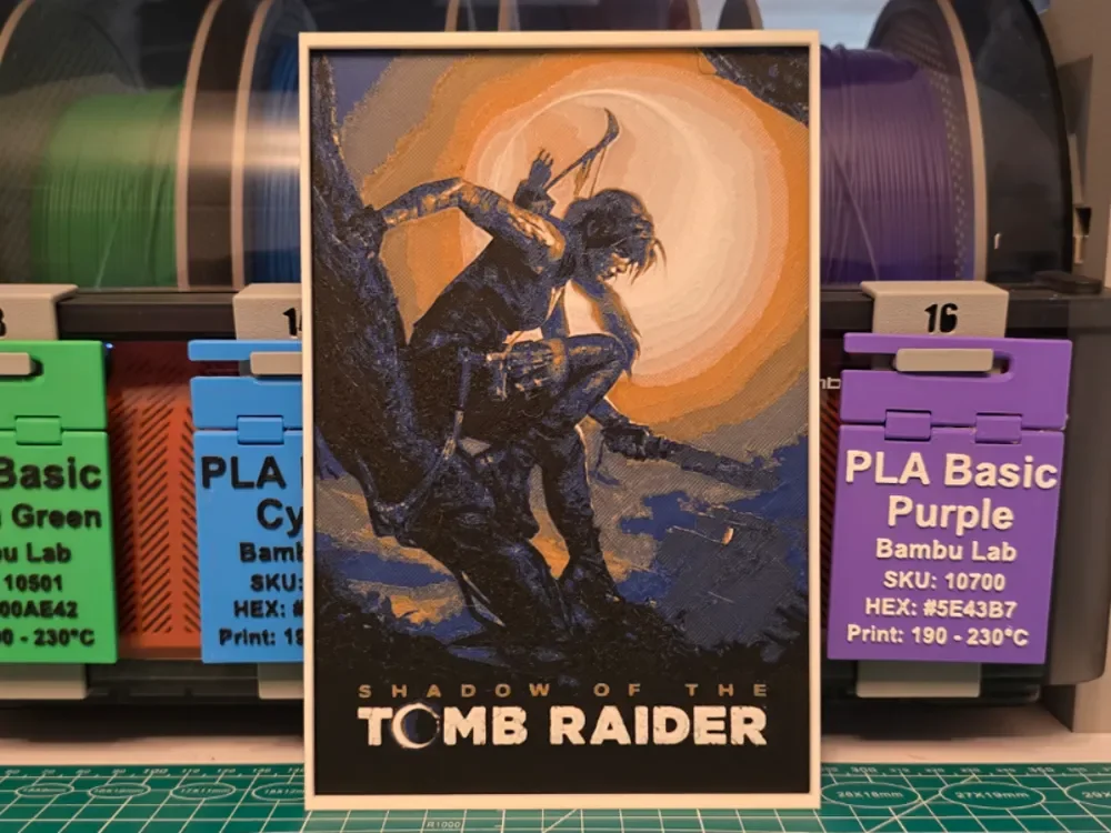 Shadow of the Tomb Raider Poster - Hueforge Art by Lumpy3D HueForge model: Shadow of the Tomb Raider Poster - Hueforge Art by Lumpy3D
