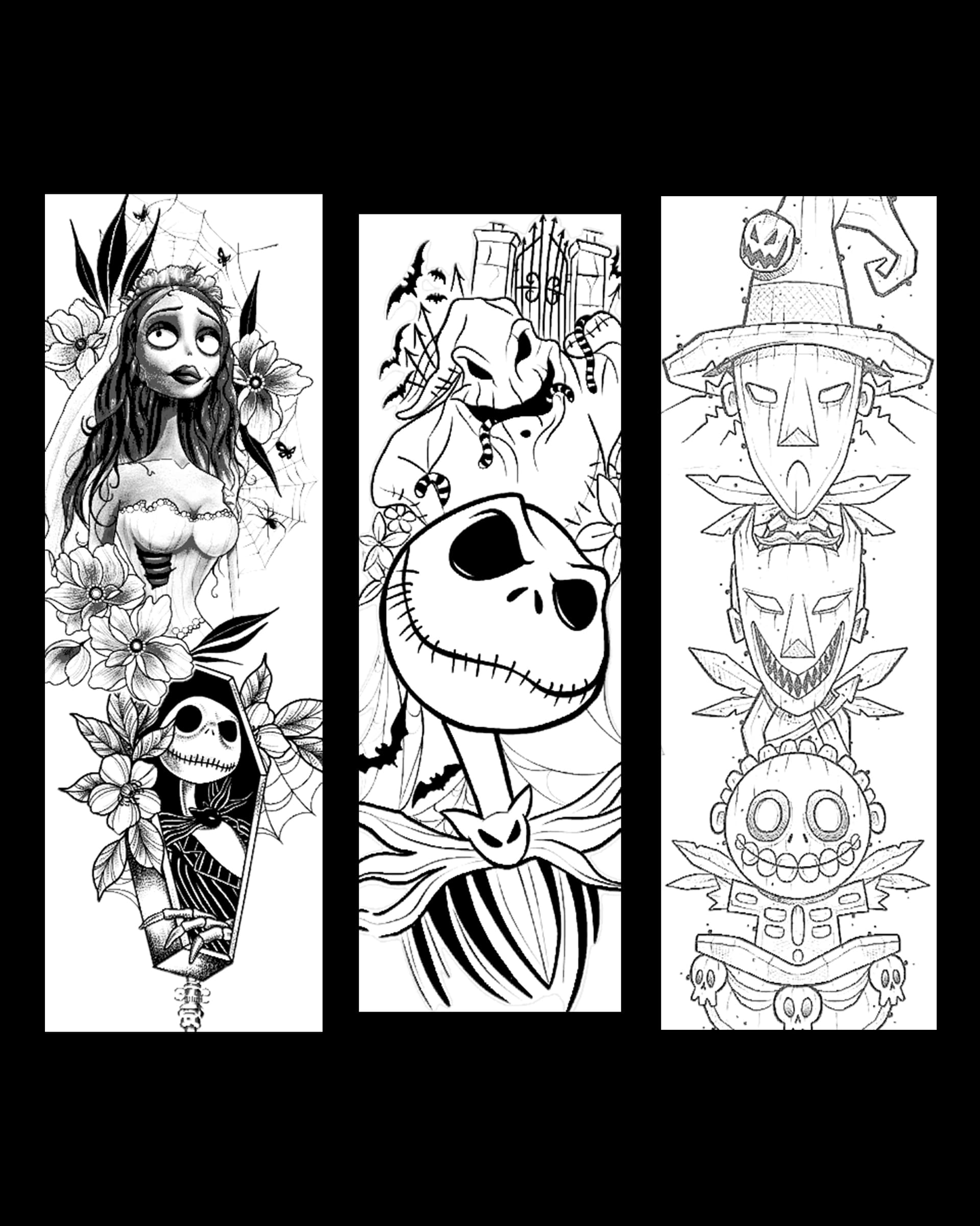 fanart black and white designs of characters from Nightmare before Christmas - Set of bookmarks