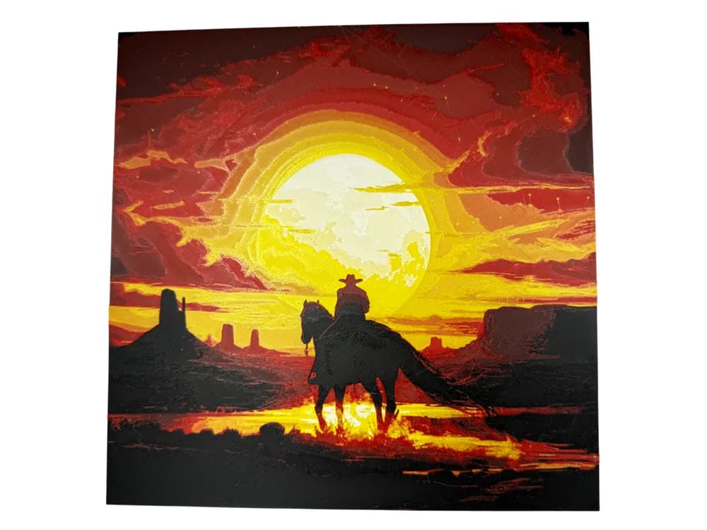 Cowboy riding off in the Sunset by Canadian Gamer HueForge model: Cowboy riding off in the Sunset by Canadian Gamer