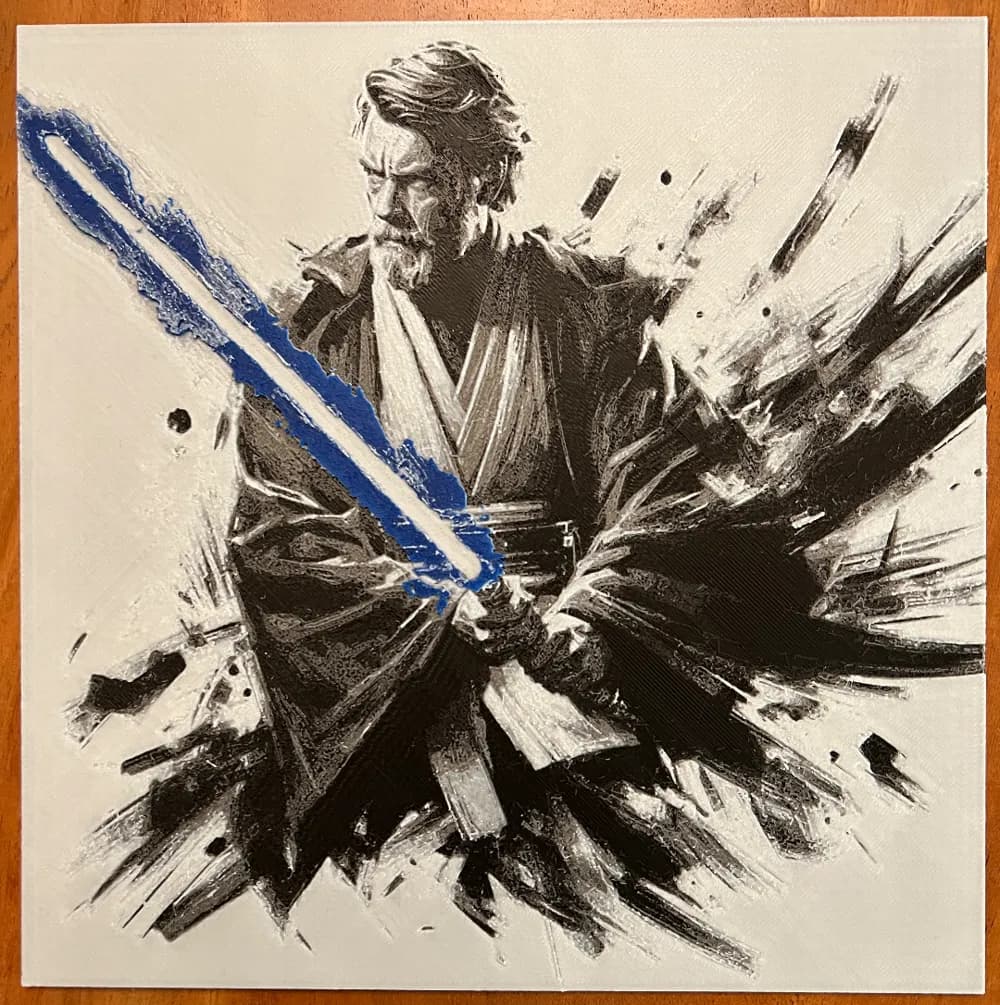Obi-Wan Kenobi with Blue Lightsaber by JustBe 3D Printing HueForge model: Obi-Wan Kenobi with Blue Lightsaber by JustBe 3D Printing