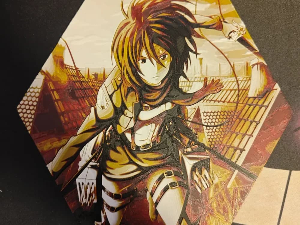 Hueforge Mikasa (Attack on Titan) honeycomb mode by JGz3DMaker HueForge model: Hueforge Mikasa (Attack on Titan) honeycomb mode by JGz3DMaker