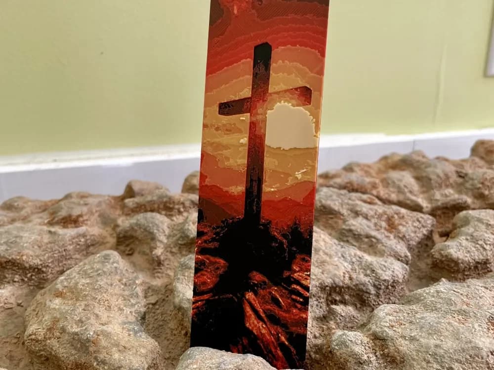 Mountain Sunrise Cross Bookmark by 3D_Forged HueForge model: Mountain Sunrise Cross Bookmark by 3D_Forged