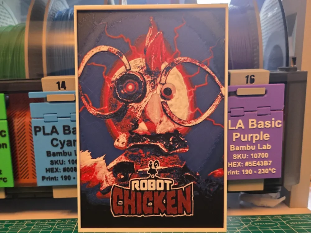 Robot Chicken Poster — Hueforge Artwork by Lumpy3D HueForge model: Robot Chicken Poster — Hueforge Artwork by Lumpy3D