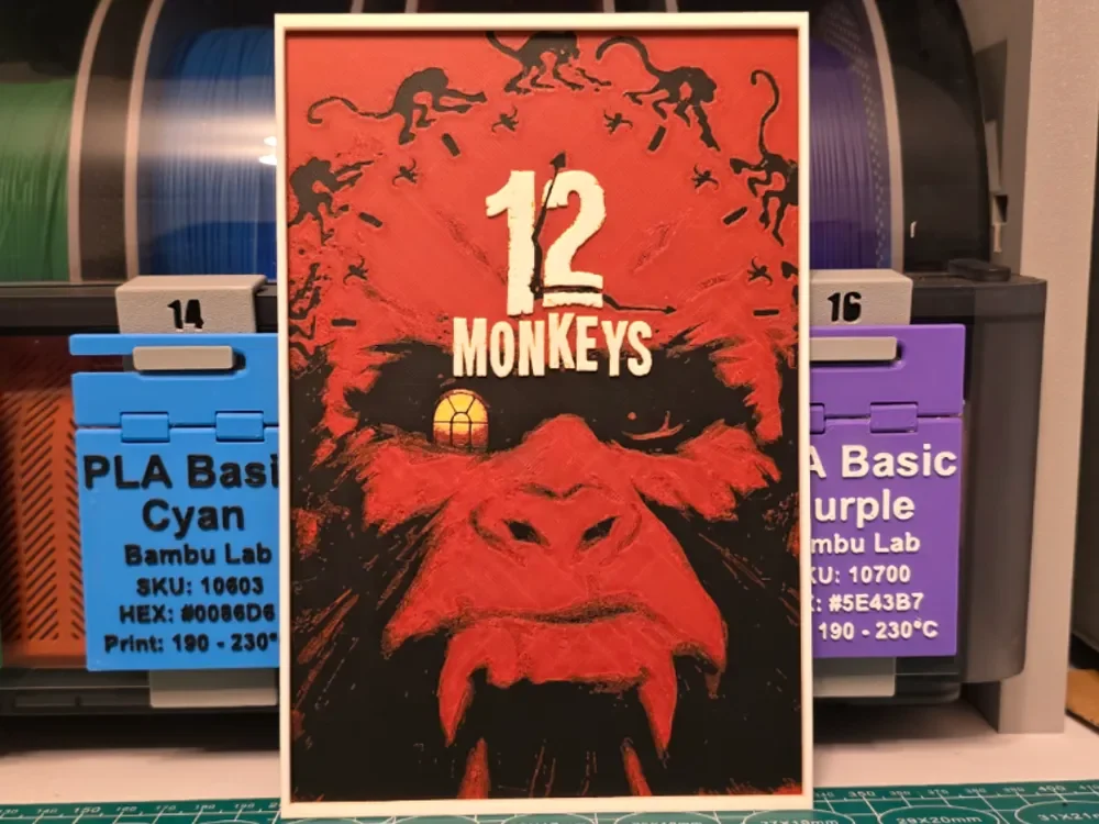 12 Monkeys Movie Poster - Hueforge Art by Lumpy3D HueForge model: 12 Monkeys Movie Poster - Hueforge Art by Lumpy3D