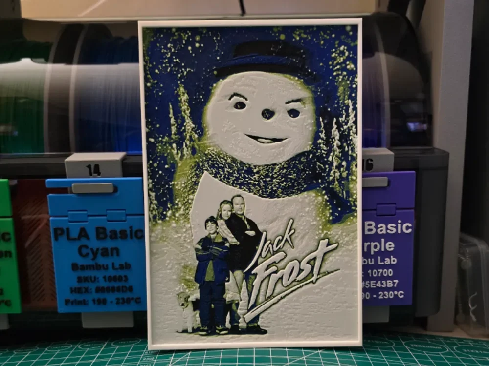 Jack Frost Movie Poster - Hueforge Art by Lumpy3D HueForge model: Jack Frost Movie Poster - Hueforge Art by Lumpy3D