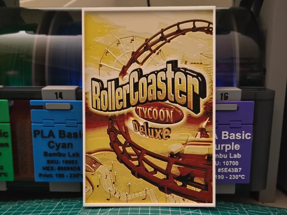 RollerCoaster Tycoon Poster - Hueforge Art by Lumpy3D HueForge model: RollerCoaster Tycoon Poster - Hueforge Art by Lumpy3D
