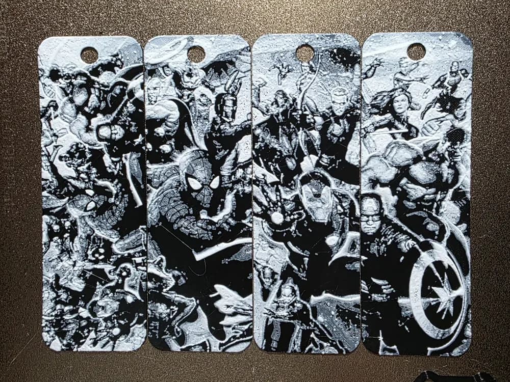 Marvel Superhero Fan Art Bookmarks Set of 4 NoAMS by AirMechDesigns HueForge model: Marvel Superhero Fan Art Bookmarks Set of 4 NoAMS by AirMechDesigns