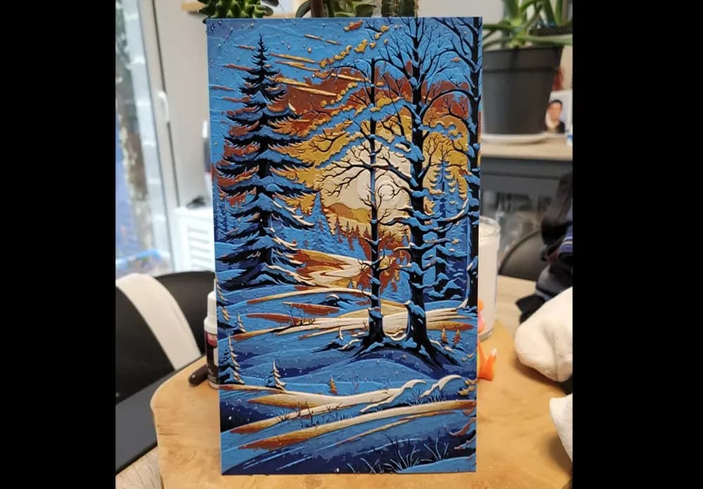 Snowy forest at sunset - HUEFORGE_150x235 by Vincent111 HueForge model: Snowy forest at sunset - HUEFORGE_150x235 by Vincent111