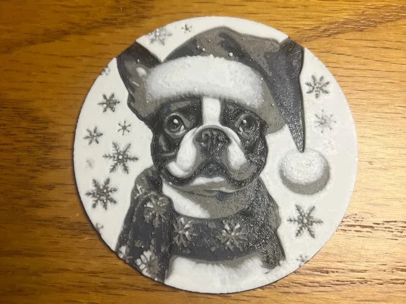 Christmas santa Boston terrier coaster decoration by Leafy HueForge model: Christmas santa Boston terrier coaster decoration by Leafy