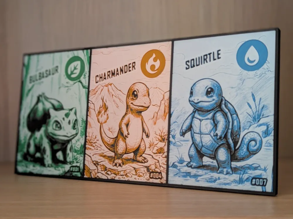 Bulbasaur, Charmander & Squirtle Hueforge & Frame by Nextopia HueForge model: Bulbasaur, Charmander & Squirtle Hueforge & Frame by Nextopia