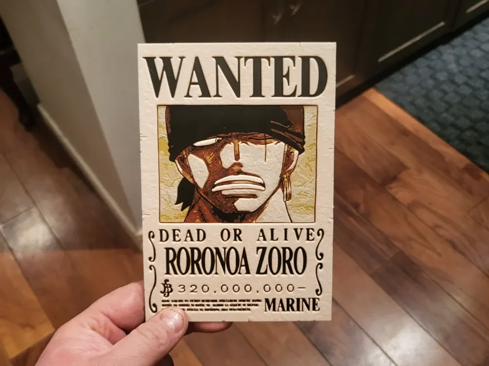 Wanted Poster Roronoa Zoro Hueforge by 3Ree Printing HueForge model: Wanted Poster Roronoa Zoro Hueforge by 3Ree Printing