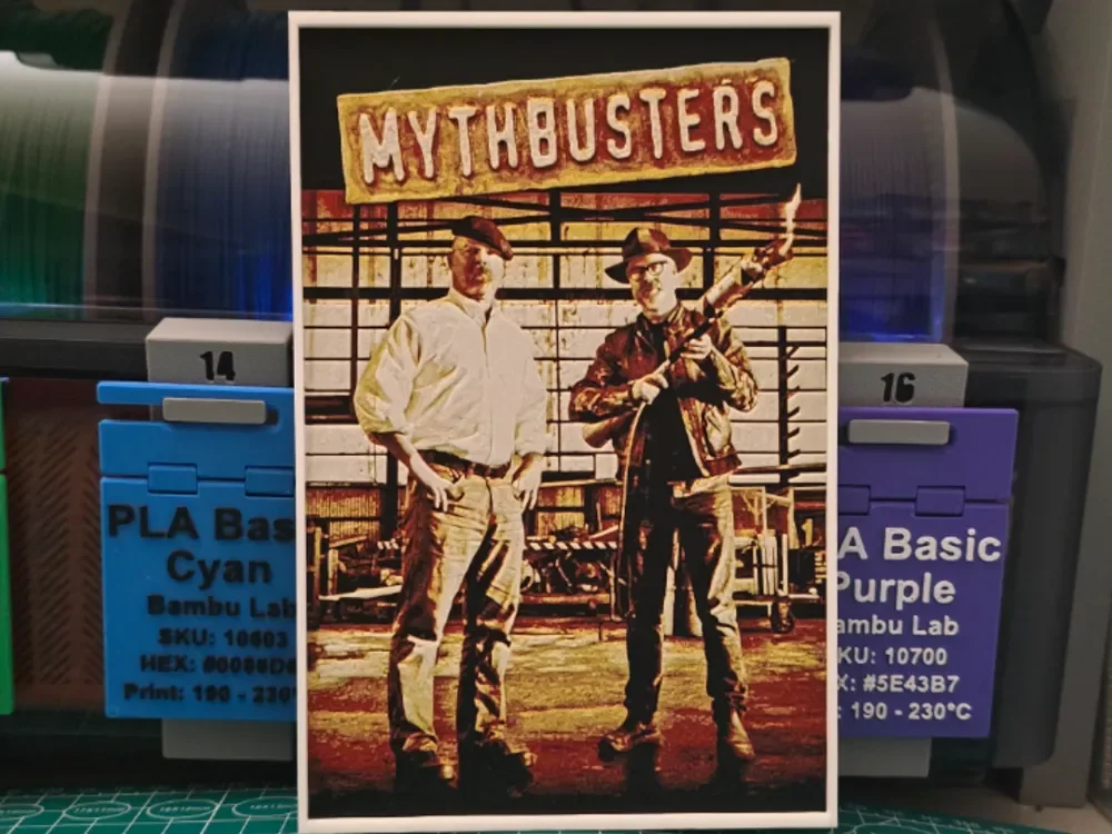 MythBusters Poster - Hueforge Art by Lumpy3D HueForge model: MythBusters Poster - Hueforge Art by Lumpy3D