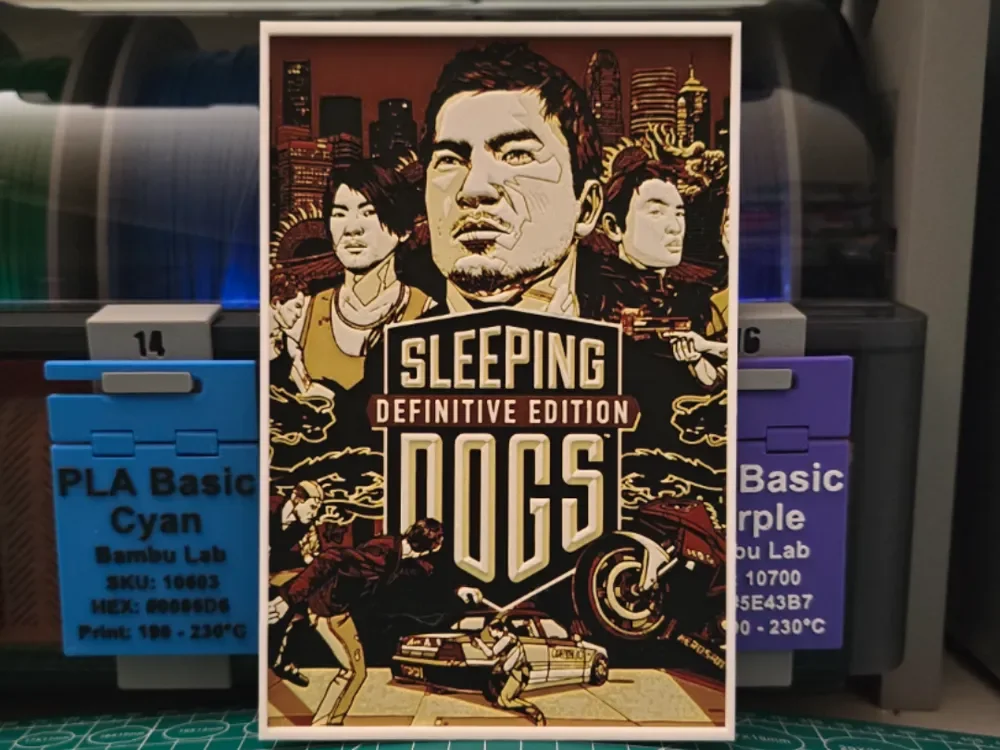Sleeping Dogs Poster - Hueforge Art by Lumpy3D HueForge model: Sleeping Dogs Poster - Hueforge Art by Lumpy3D