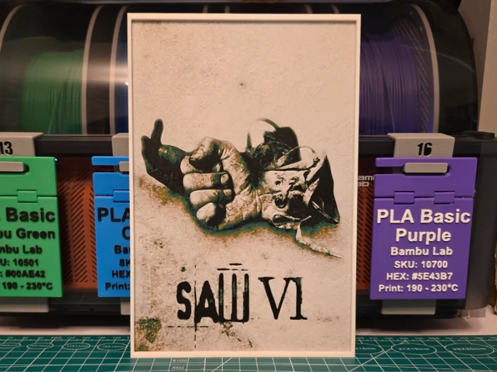 Saw VI Movie Poster - Hueforge Art by Lumpy3D HueForge model: Saw VI Movie Poster - Hueforge Art by Lumpy3D
