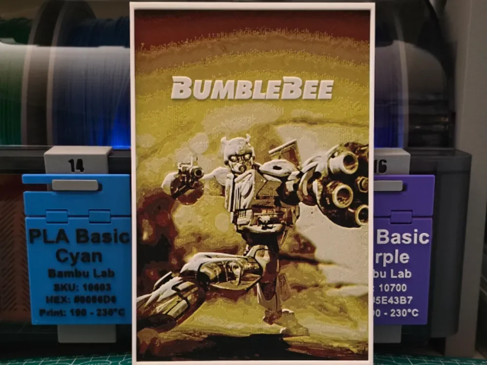 Bumblebee Movie Poster - Hueforge Art by Lumpy3D HueForge model: Bumblebee Movie Poster - Hueforge Art by Lumpy3D