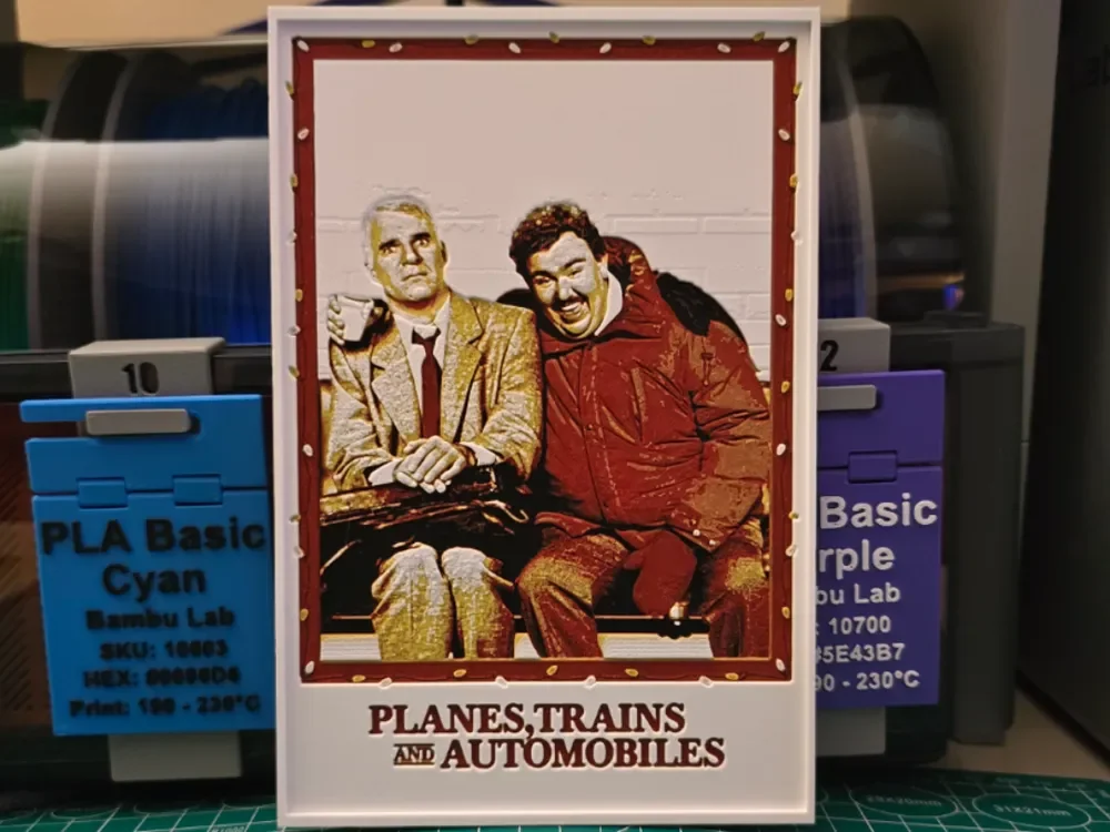 Planes, Trains and Automobiles Movie Poster by Lumpy3D HueForge model: Planes, Trains and Automobiles Movie Poster by Lumpy3D