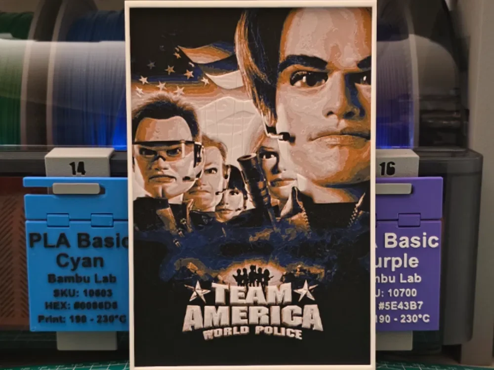 Team America: World Police Movie Poster - Hueforge by Lumpy3D HueForge model: Team America: World Police Movie Poster - Hueforge by Lumpy3D