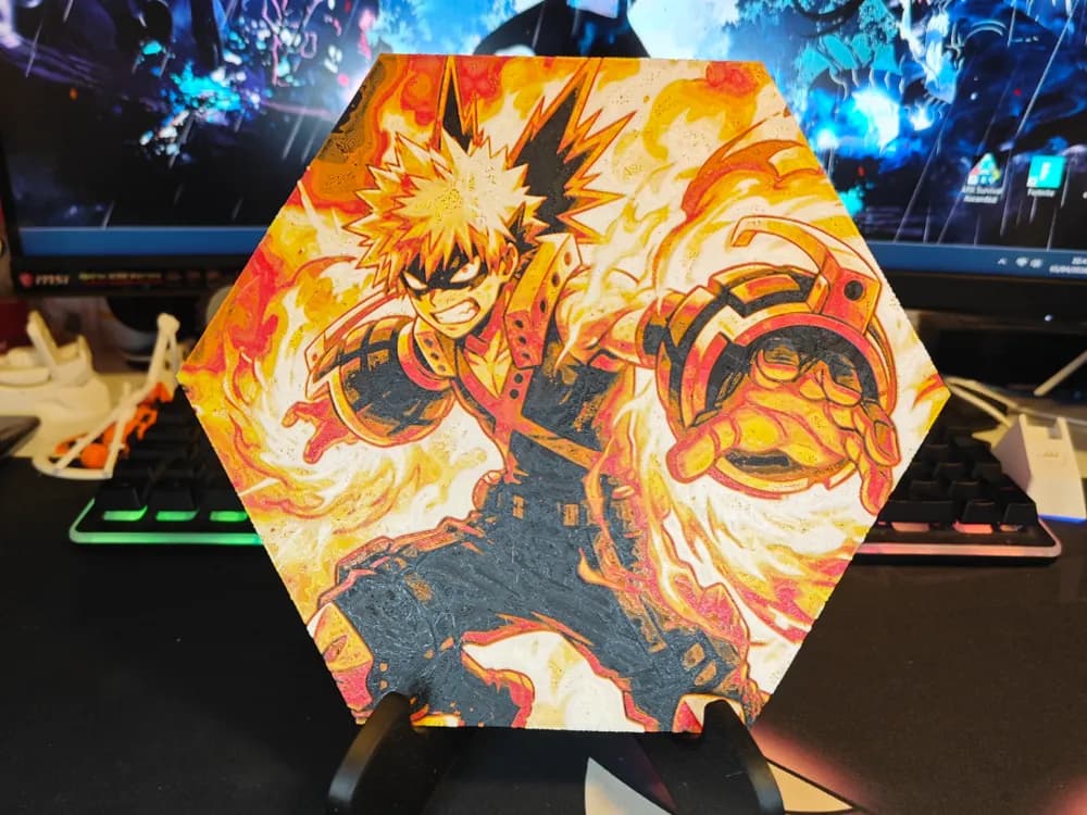 Hueforge Bakugō (My Hero Academia) honeycomb style by JGz3DMaker HueForge model: Hueforge Bakugō (My Hero Academia) honeycomb style by JGz3DMaker