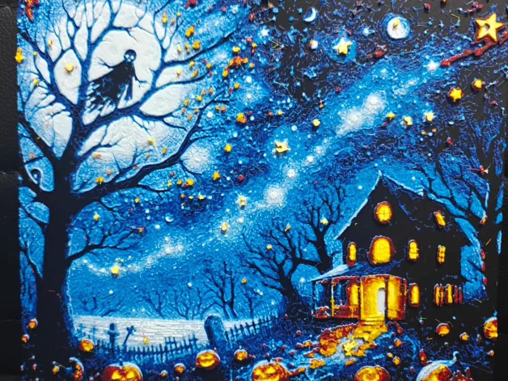 Haunted House Starry Night Halloween (2 versions) by TheHueforgeLady HueForge model: Haunted House Starry Night Halloween (2 versions) by TheHueforgeLady