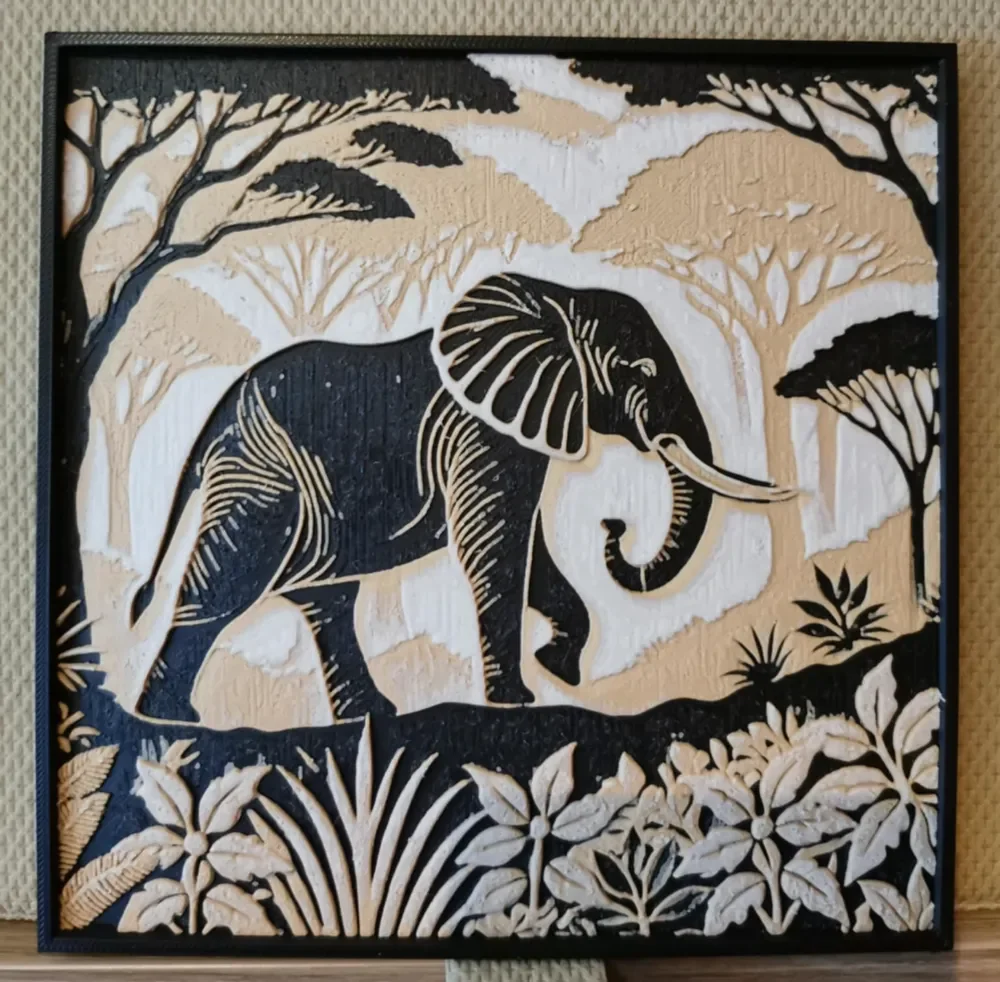 Hueforge Safari Elephant - Wood Sculpture style by Cré'Art 3D HueForge model: Hueforge Safari Elephant - Wood Sculpture style by Cré'Art 3D