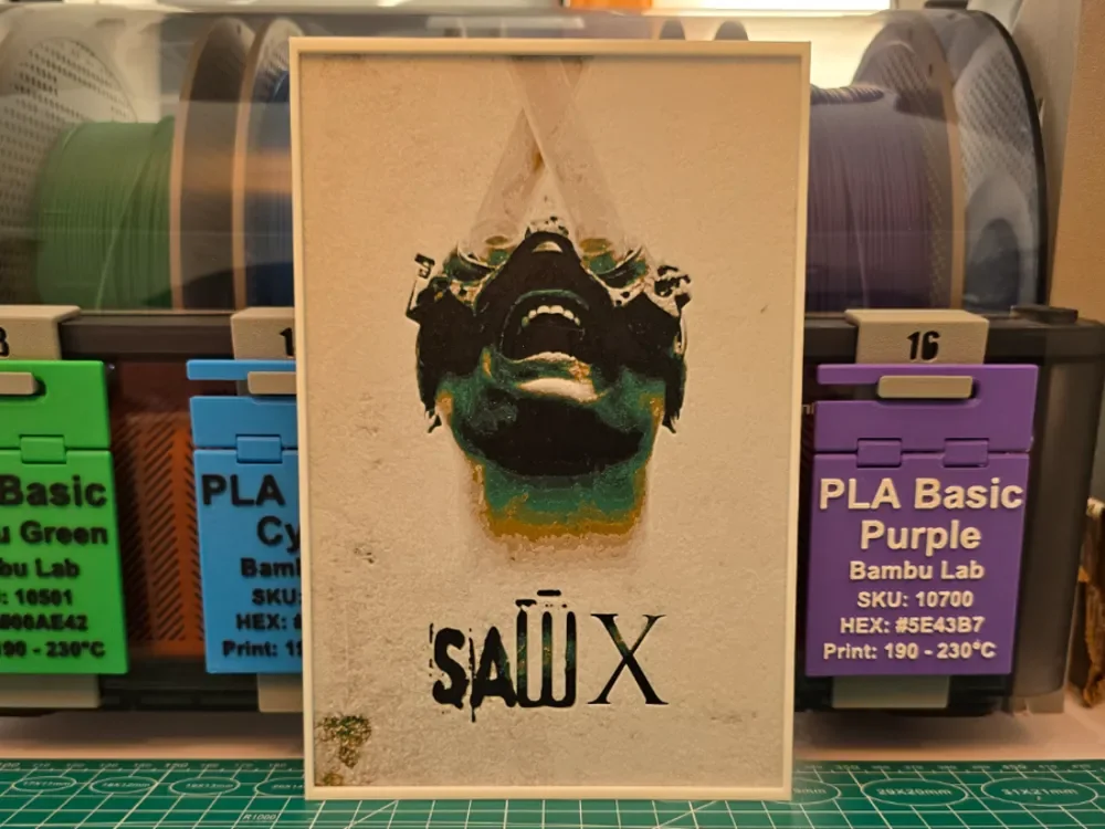 Saw X Movie Poster - Hueforge Art by Lumpy3D HueForge model: Saw X Movie Poster - Hueforge Art by Lumpy3D