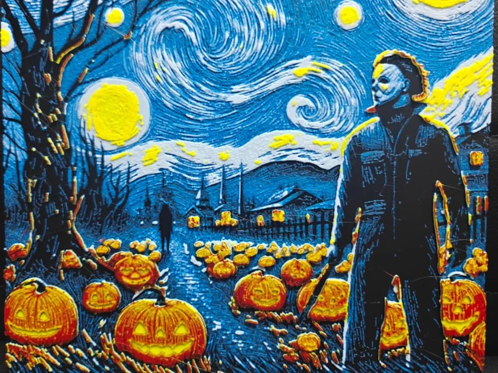 HueForge model: Halloween Starry Night Michael Myers (2 versions) by TheHueforgeLady