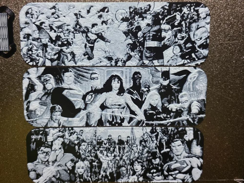 Superhero Collage Bookmark set of 3 Black/White by AirMechDesigns HueForge model: Superhero Collage Bookmark set of 3 Black/White by AirMechDesigns