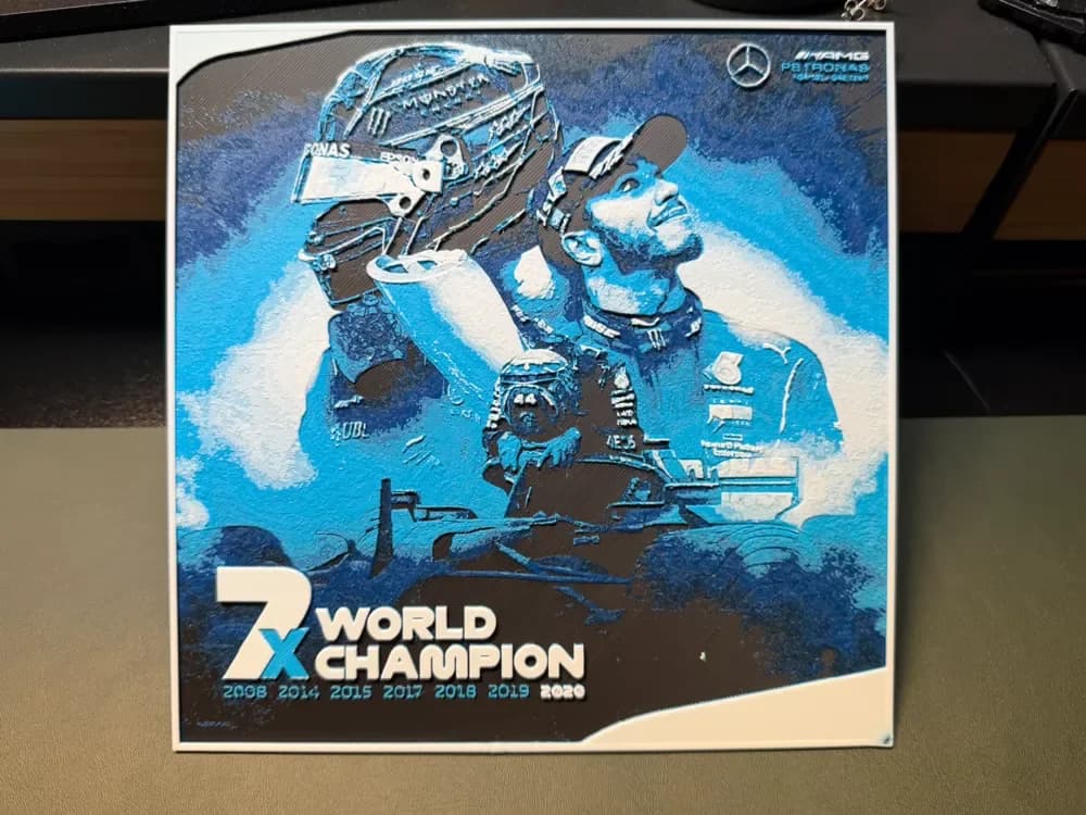 Lewis Hamilton 7 F1 Titles HueForge by liv_3d HueForge model: Lewis Hamilton 7 F1 Titles HueForge by liv_3d