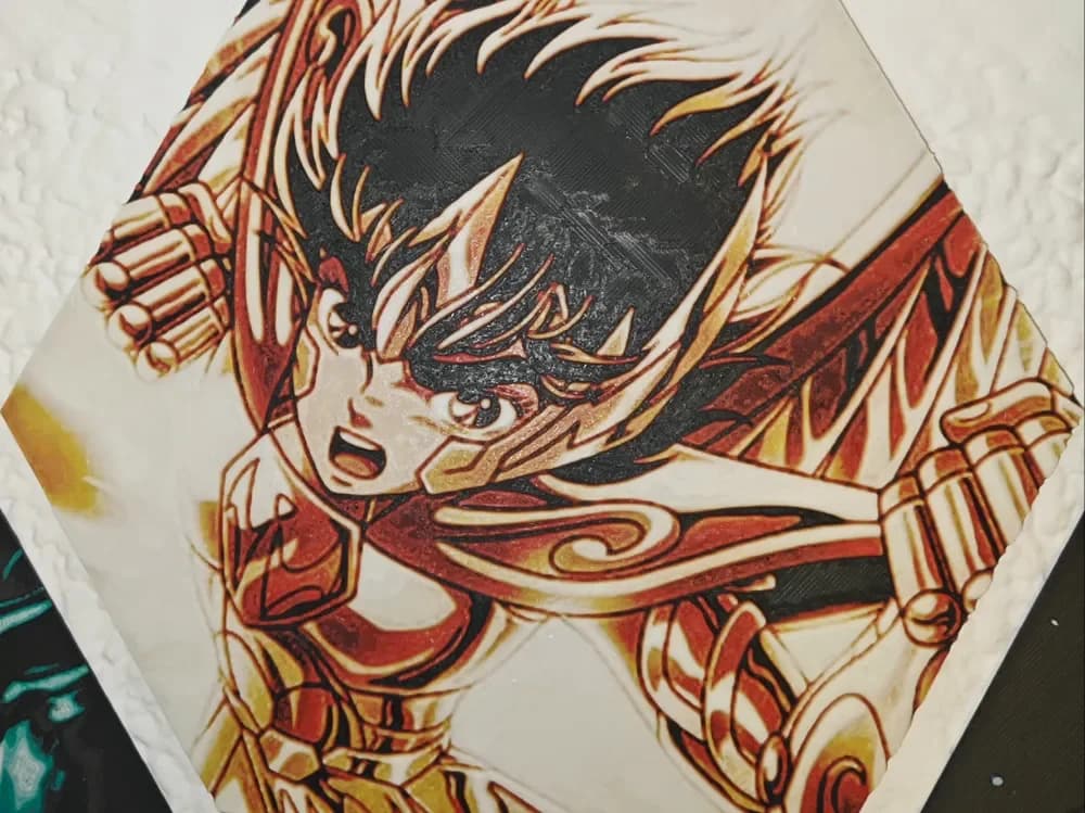 Hueforge Seiya (Knights of the Zodiac) honeycomb mode by JGz3DMaker HueForge model: Hueforge Seiya (Knights of the Zodiac) honeycomb mode by JGz3DMaker