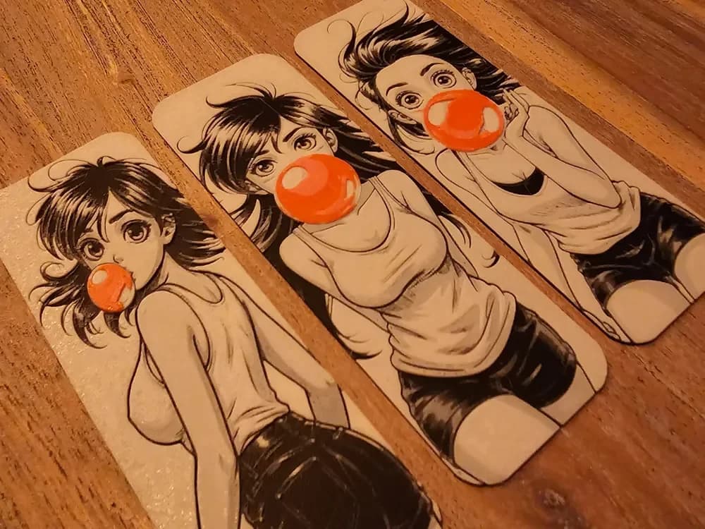 "Bookmark" Set of Manga styled Girl With Bubblegum by BLUSH Designs HueForge model: "Bookmark" Set of Manga styled Girl With Bubblegum by BLUSH Designs