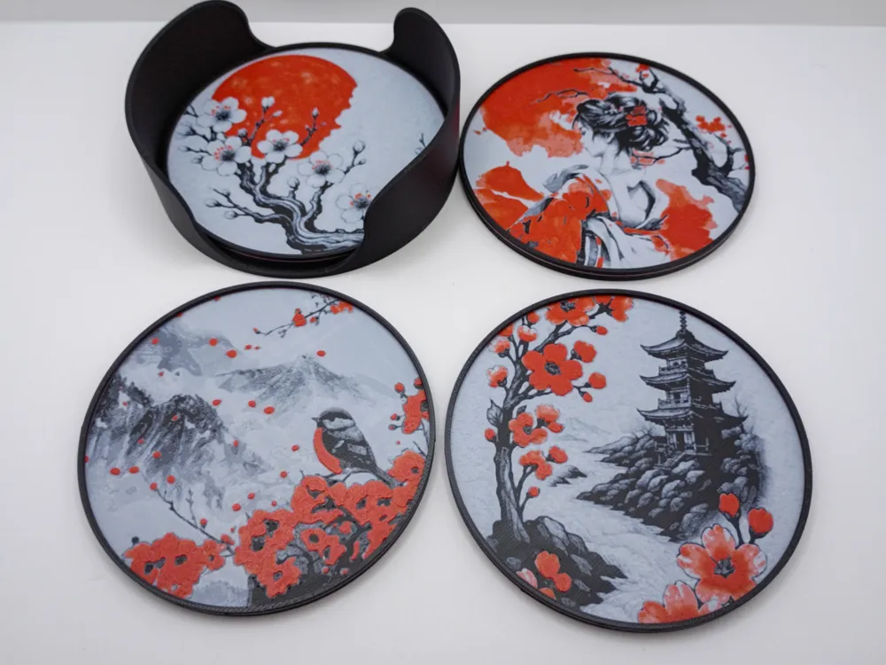 Scenic Blossoms Coasters with Holder by 3djd HueForge model: Scenic Blossoms Coasters with Holder by 3djd