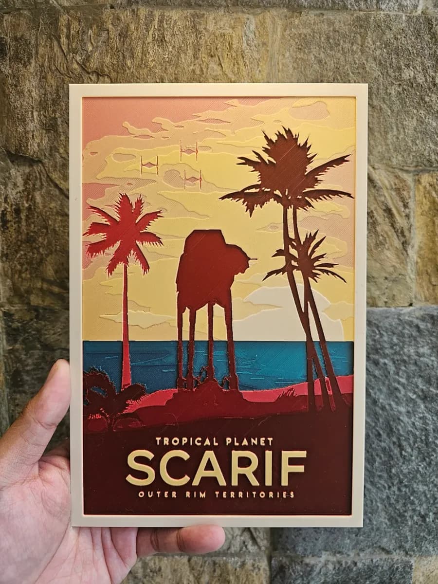 AT AT Silhouette Tropical Planet Scarif Hueforge by Loki HueForge model: AT AT Silhouette Tropical Planet Scarif Hueforge by Loki