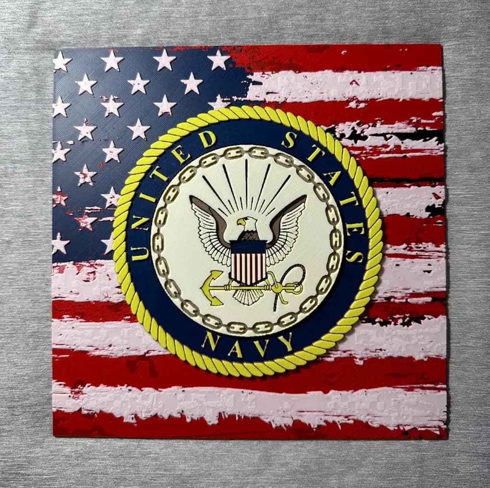 HueForge model: US Flag & Navy Logo Hueforge by Hey Ben