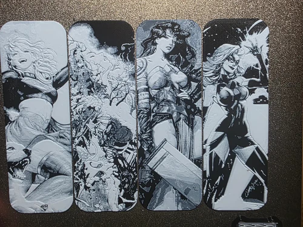 Lady Superhero Art bookmark Set of 4 Black/White by AirMechDesigns HueForge model: Lady Superhero Art bookmark Set of 4 Black/White by AirMechDesigns