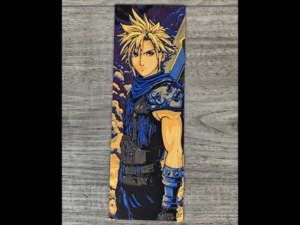 Cloud Strife Bookmark by BusyKikiBee HueForge model: Cloud Strife Bookmark by BusyKikiBee