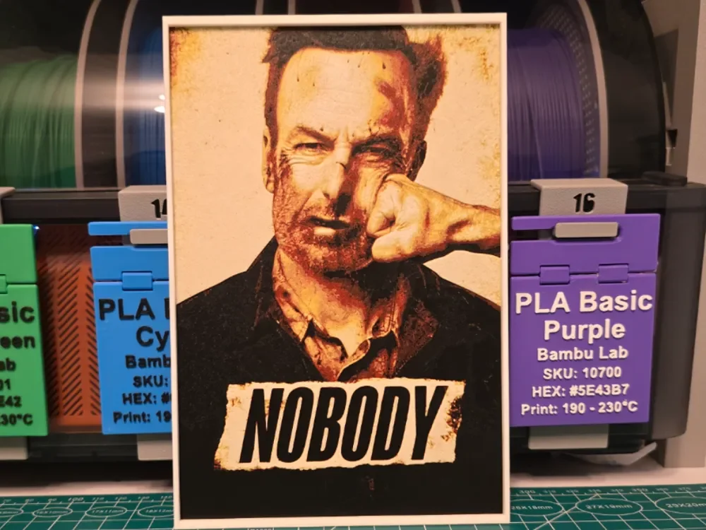 Nobody Movie Poster - Hueforge Art by Lumpy3D HueForge model: Nobody Movie Poster - Hueforge Art by Lumpy3D