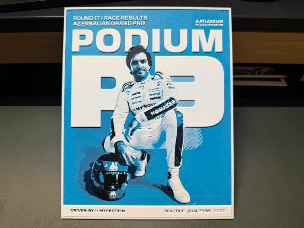 Carlos Sainz F1 Williams Podium HueForge by liv_3d HueForge model: Carlos Sainz F1 Williams Podium HueForge by liv_3d