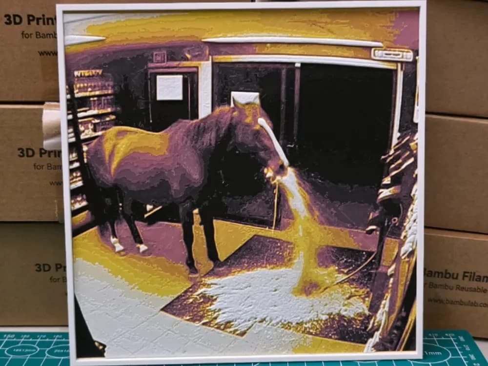 Horse Vomiting Violently In Convenience Store Art by Lumpy3D HueForge model: Horse Vomiting Violently In Convenience Store Art by Lumpy3D