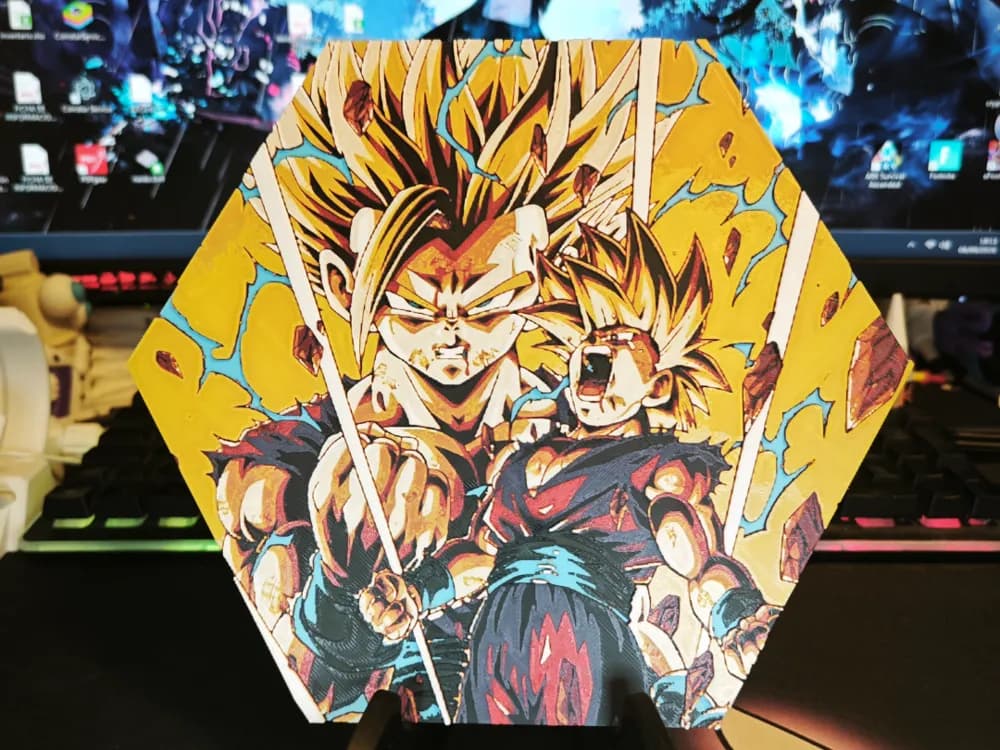 Hueforge Gohan Ssj2 (Dragon Ball Z) honeycomb mode by JGz3DMaker HueForge model: Hueforge Gohan Ssj2 (Dragon Ball Z) honeycomb mode by JGz3DMaker