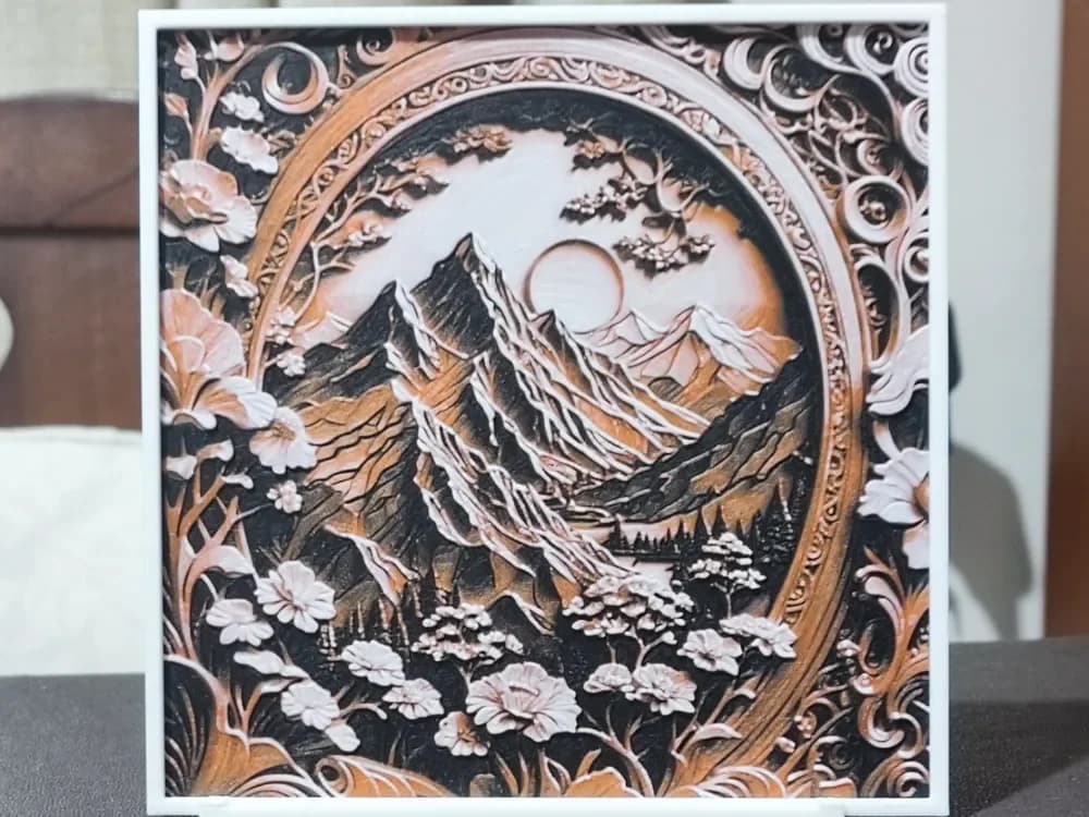 Wood Carving Mountain Landscape - HueForge 3 Color by BoDad HueForge model: Wood Carving Mountain Landscape - HueForge 3 Color by BoDad