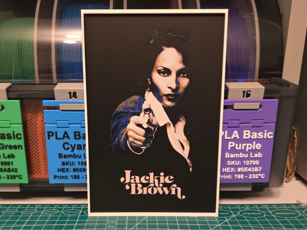 Jackie Brown Movie Poster - Hueforge Art by Lumpy3D HueForge model: Jackie Brown Movie Poster - Hueforge Art by Lumpy3D