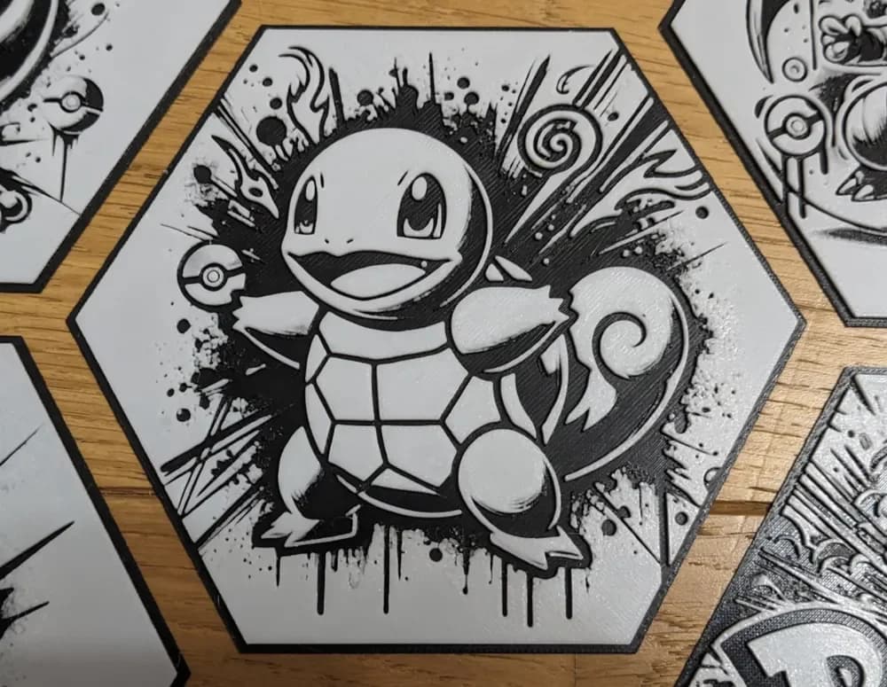 Pokemon Squirtle Carapuce Hueforge Hex Hexagon by Seb3D HueForge model: Pokemon Squirtle Carapuce Hueforge Hex Hexagon by Seb3D