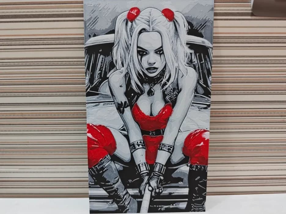 Hueforge Harley Quinn atop a vehicle by Litolunar HueForge model: Hueforge Harley Quinn atop a vehicle by Litolunar