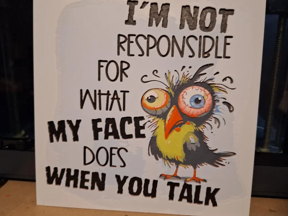 Sarcastic bird - Not responsible - Hueforge by 3dGlow HueForge model: Sarcastic bird - Not responsible - Hueforge by 3dGlow